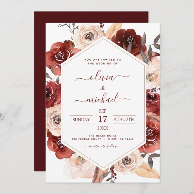 Burnt Orange Fall Wedding Floral Romantic Invitation (Front/Back)