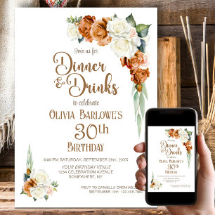 Burnt Orange Floral 30th Birthday Dinner Party Invitation