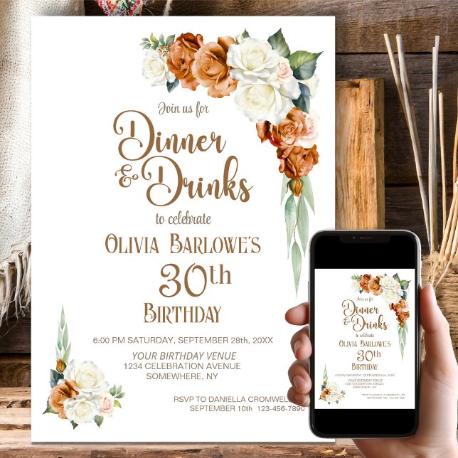 Burnt Orange Floral 30th Birthday Dinner Party Invitation (Creator Uploaded)
