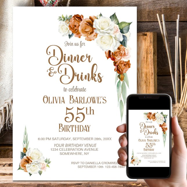 Burnt Orange Floral 55th Birthday Dinner Party Invitation (Creator Uploaded)