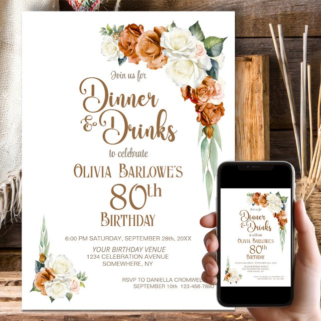 Burnt Orange Floral 80th Birthday Dinner Party Invitation (Creator Uploaded)