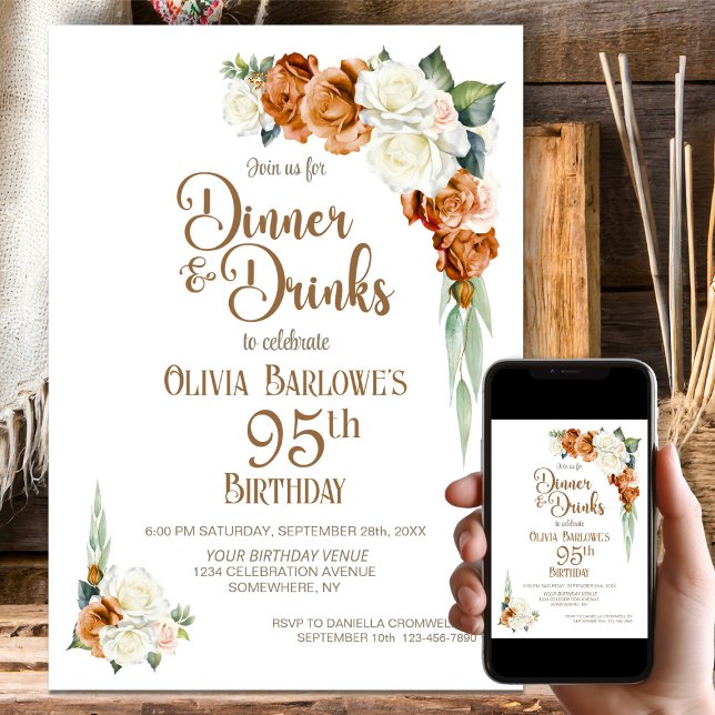 Burnt Orange Floral 95th Birthday Dinner Party Invitation (Creator Uploaded)
