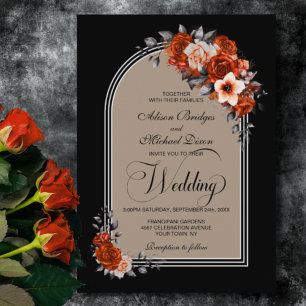 Burnt Orange Floral Arch Black Beige Wedding Invitation