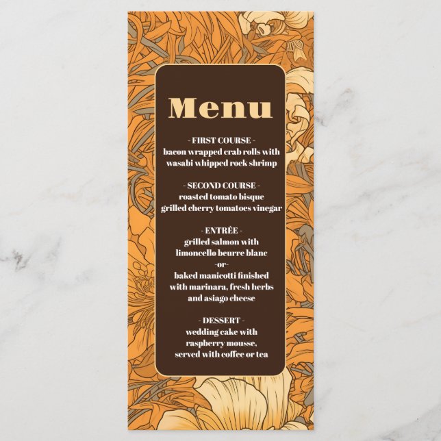 Burnt Orange Floral Art Nouveau Wedding Menu (Front)