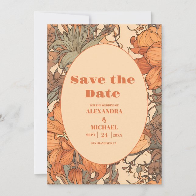 Burnt Orange Floral Art Nouveau Wedding Save The Date (Front)