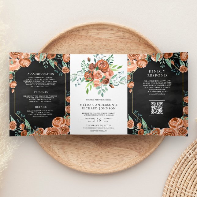 Burnt Orange Floral Black QR Code Wedding Tri-Fold Invitation (Creator Uploaded)