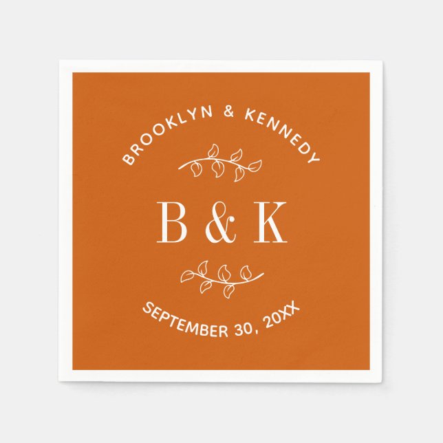 Burnt Orange Floral Botanical Wedding Couple Name Napkin (Front)