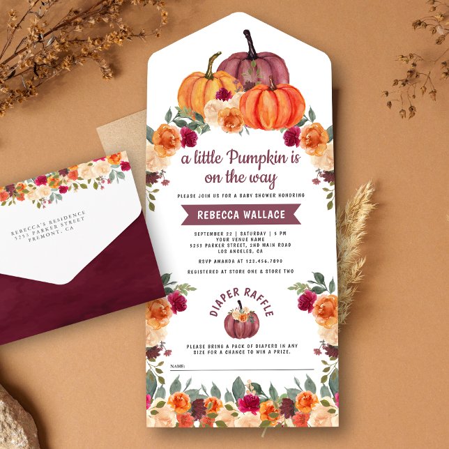 Burnt Orange Floral Burgundy Pumpkin Baby Shower All In One Invitation (Creator Uploaded)