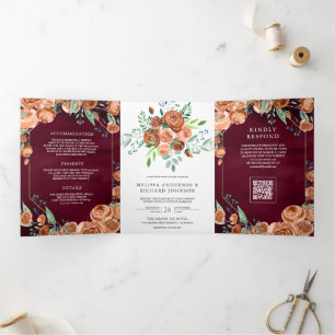 Burnt Orange Floral Burgundy QR Code Wedding Tri-Fold Invitation