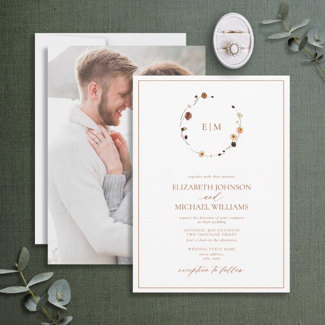Burnt Orange Floral Crest Monogram Photo Wedding Invitation (Creator Uploaded)