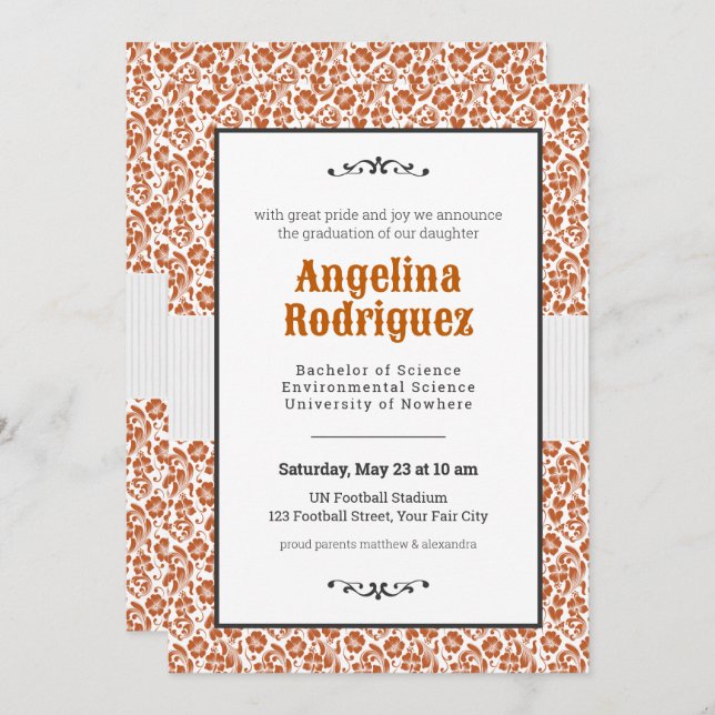 Burnt Orange Floral Damask Photo Graduation Invitation (Front/Back)