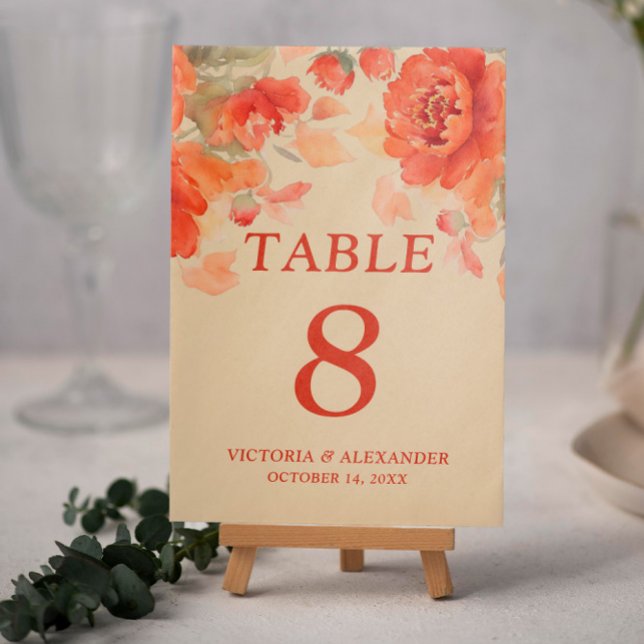 Burnt Orange Floral Fall Wedding Table Number (Creator Uploaded)