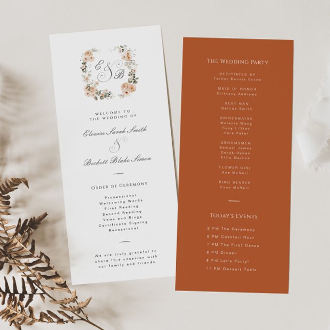 Burnt Orange Floral Garden Wedding Program Card (Creator Uploaded)