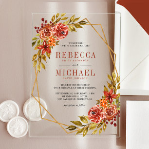 Burnt Orange Floral Gold Frame Autumn Fall Wedding Acrylic Invitations