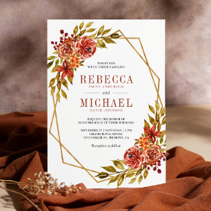 Burnt Orange Floral Gold Frame Autumn Fall Wedding Invitation
