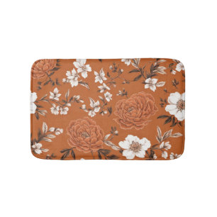 Burnt Orange Floral Pattern Bath Mat