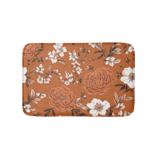 Burnt Orange Floral Pattern Bath Mat (Front)