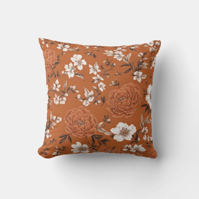 Burnt Orange Floral Pattern Cushion (Front)