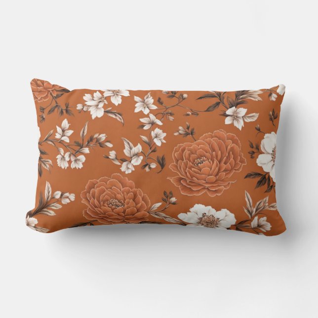 Burnt Orange Floral Pattern Lumbar Cushion (Front)