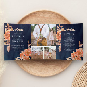 Burnt Orange Floral Photo Collage Navy Wedding Tri-Fold Invitation