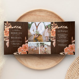 Burnt Orange Floral Photo Collage Wood Wedding Tri-Fold Invitation
