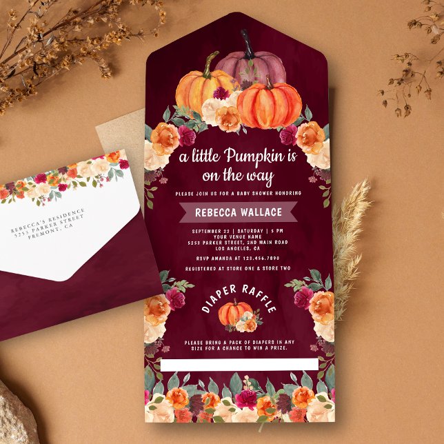 Burnt Orange Floral Pumpkin Burgundy Baby Shower All In One Invitation (Creator Uploaded)