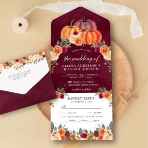 Burnt Orange Floral Pumpkin Burgundy Wedding All In One Invitation