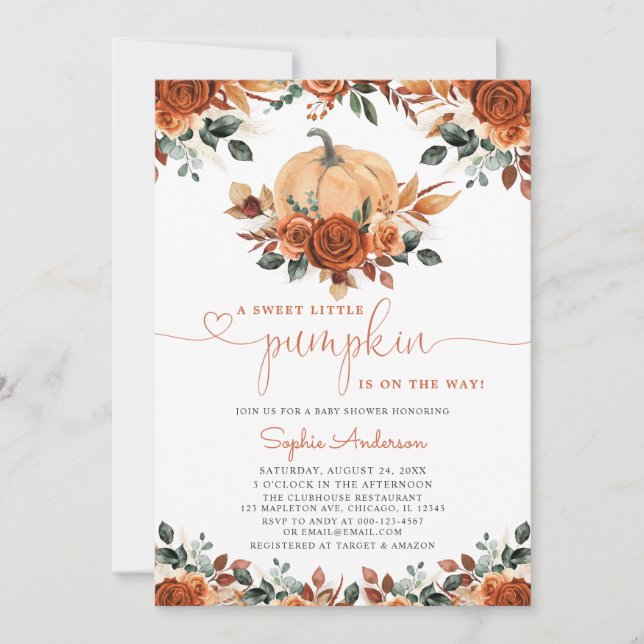 Burnt Orange Floral Pumpkin Fall Baby Shower Invitation (Front)