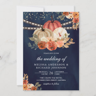Burnt Orange Floral Pumpkin Navy Blue Wedding Invitation