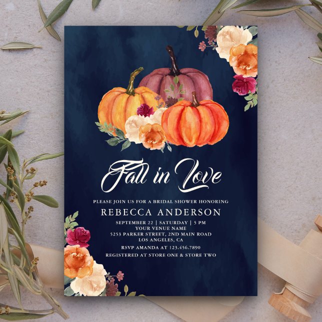 Burnt Orange Floral Pumpkin Navy Bridal Shower Invitation (Creator Uploaded)