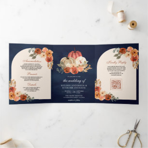 Burnt Orange Floral Pumpkin QR Code Navy Wedding Tri-Fold Invitation