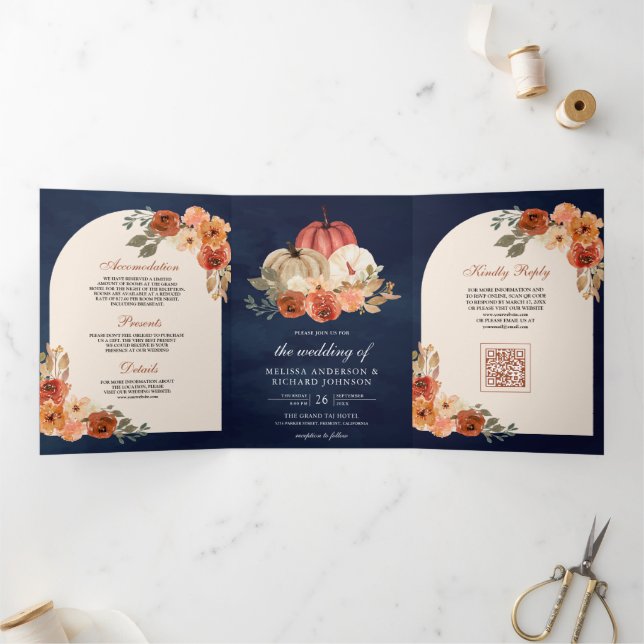 Burnt Orange Floral Pumpkin QR Code Navy Wedding Tri-Fold Invitation (Inside)