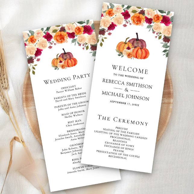 Burnt Orange Floral Pumpkin Wedding Program (Creator Uploaded)