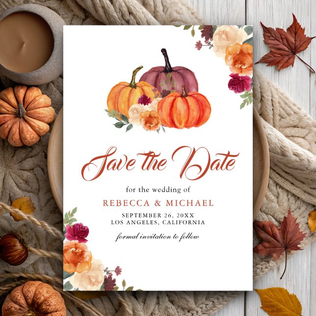 Burnt Orange Floral Pumpkin Wedding Save The Date (Creator Uploaded)