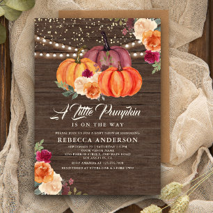 Burnt Orange Floral Pumpkin Wood Baby Shower Invitation