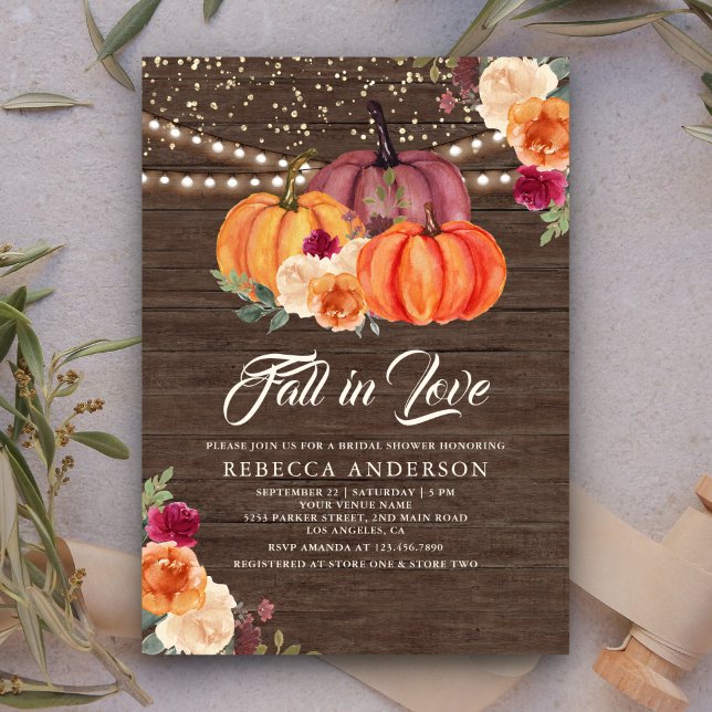Burnt Orange Floral Pumpkin Wood Bridal Shower Invitation (Creator Uploaded)