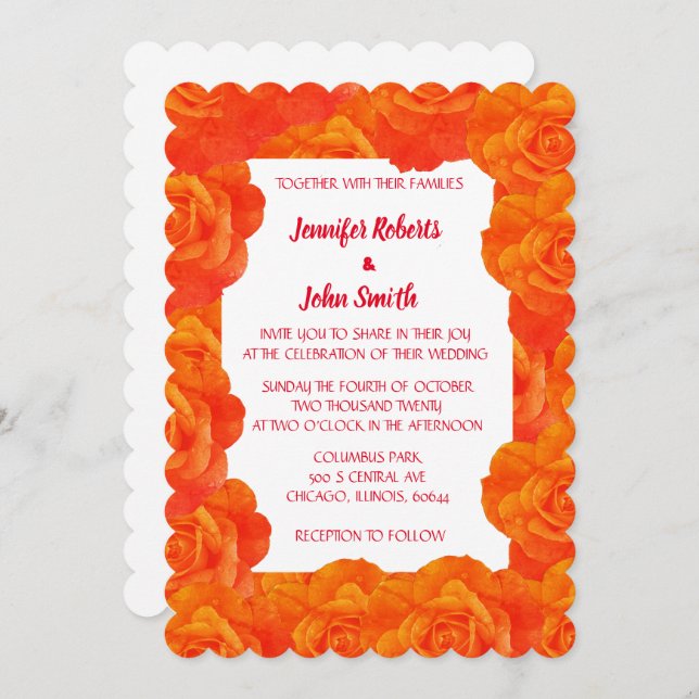 Burnt Orange Floral QR Code Rose Flowers Wedding Invitation (Front/Back)
