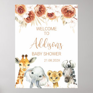 Burnt Orange Floral Safari Baby Shower Welcome Poster