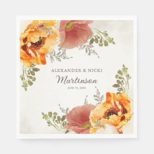 Burnt Orange Floral Wedding Reception Bride Groom Napkin