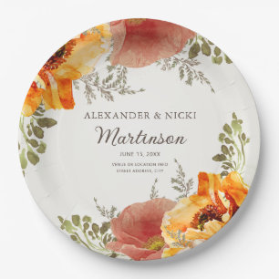 Burnt Orange Floral Wedding Reception Bride Groom Paper Plate