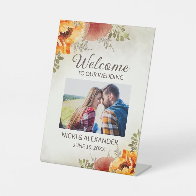 Burnt Orange Floral Wedding Welcome Photo  Pedestal Sign (Front)