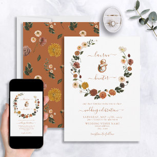 Burnt Orange Floral Wreath Wedding Invitation
