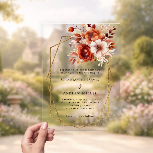 Burnt orange florals gold geometric clear wedding acrylic invitations (Creator Uploaded)