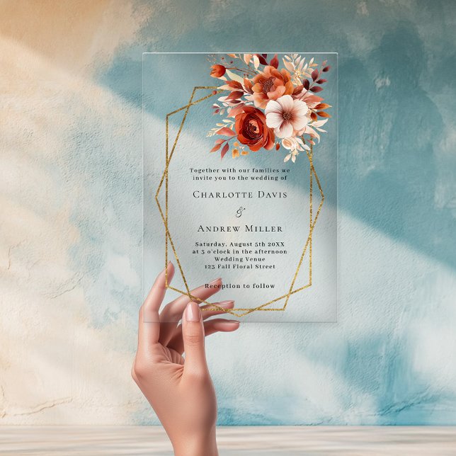 Burnt orange florals gold geometric clear wedding acrylic invitations (Creator Uploaded)