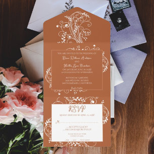 Burnt Orange Flourish Wedding All In One Invitation