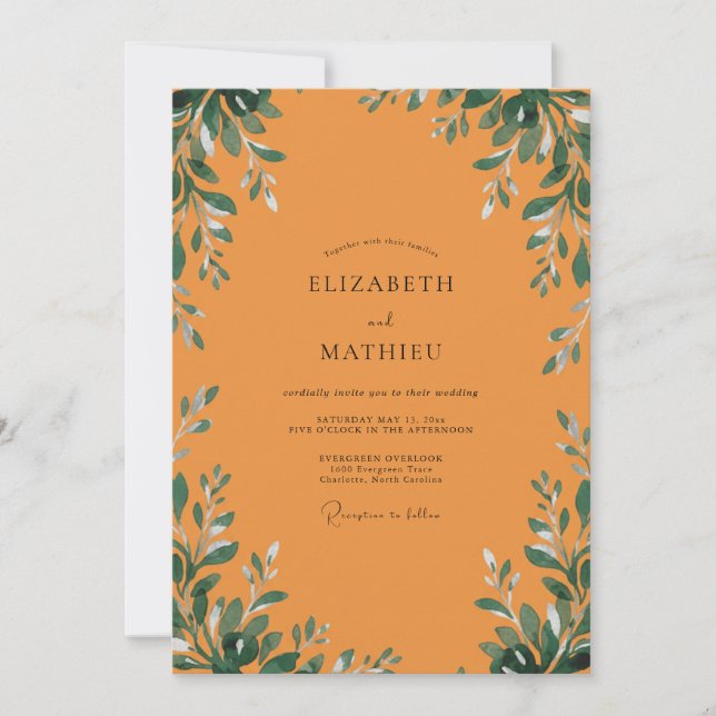 Burnt Orange Foliage Grey Eucalyptus Wedding Invitation (Front)