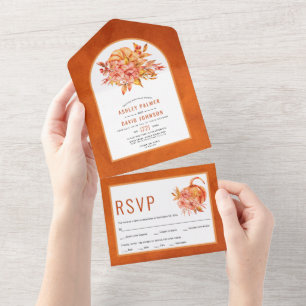 Burnt orange frame, flowers, pumpkin fall wedding all in one invitation