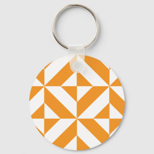 Burnt Orange Geometric Deco Cube Pattern Key Ring