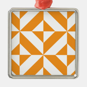 Burnt Orange Geometric Deco Cube Pattern Metal Ornament