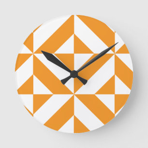 Burnt Orange Geometric Deco Cube Pattern Round Clock